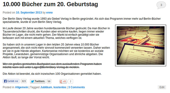 Berlin Story Verlag: Verramschen und Schreddern vs. Verschenken - 10.000 Bücher zum 20. Geburtstag
